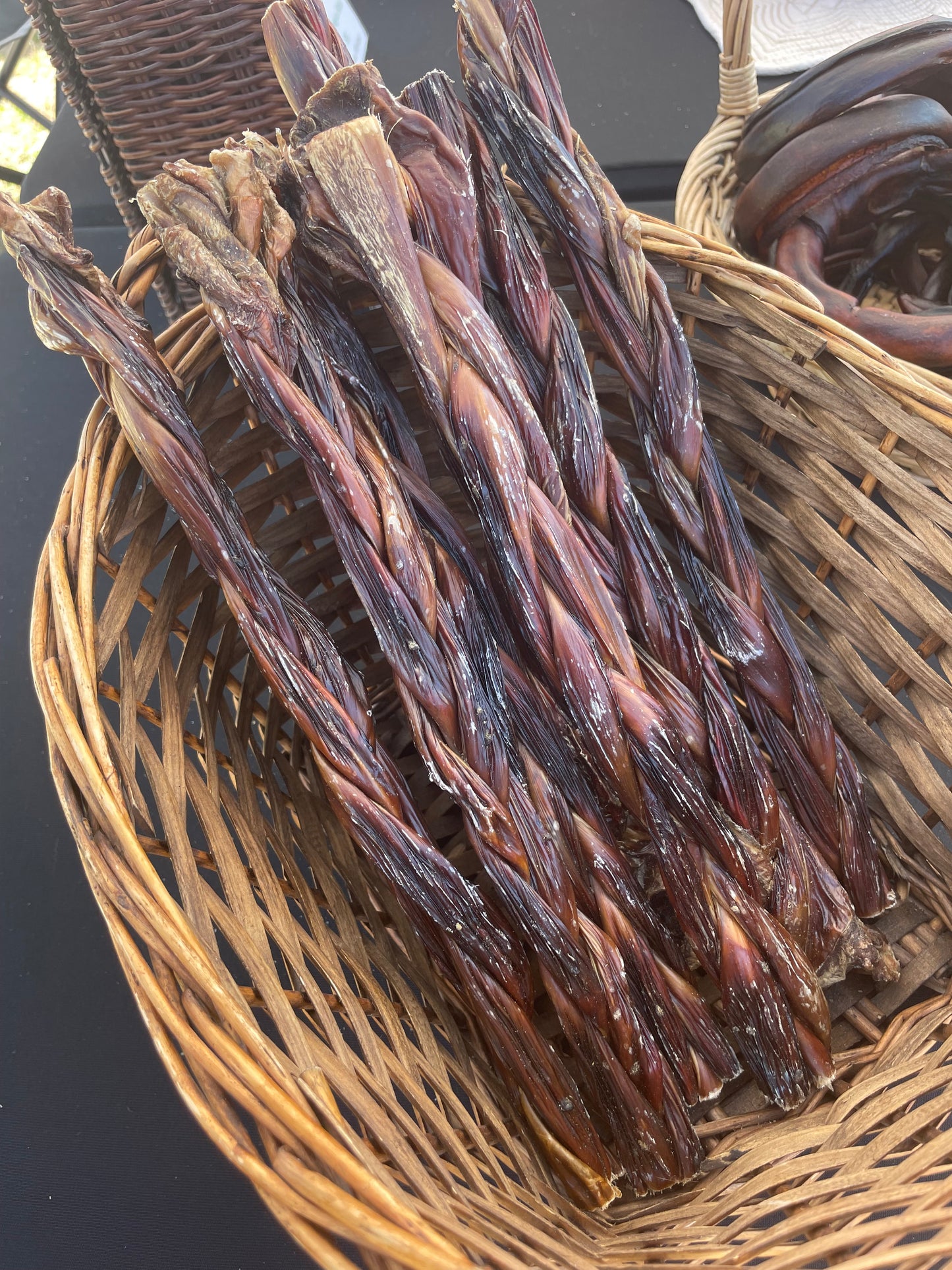 Mulitple 12" Briaded Beef Gullet in a wicker basket
