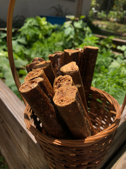 Beef stogie dog treat - soft sausage-shaped chew made with grass-fed beef for all ages