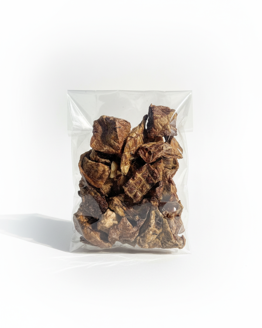 2oz. bag of beef lung dog treats in a clear bag on a white background