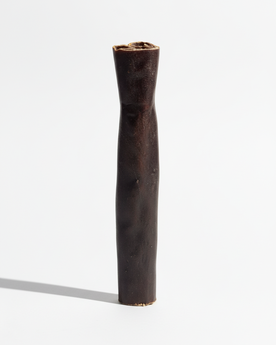 6" Beef collagen stick dog chew on a white background