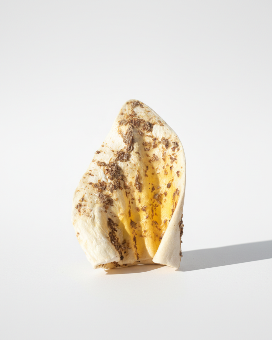 Bully dusted cow ear dog chew on a white background