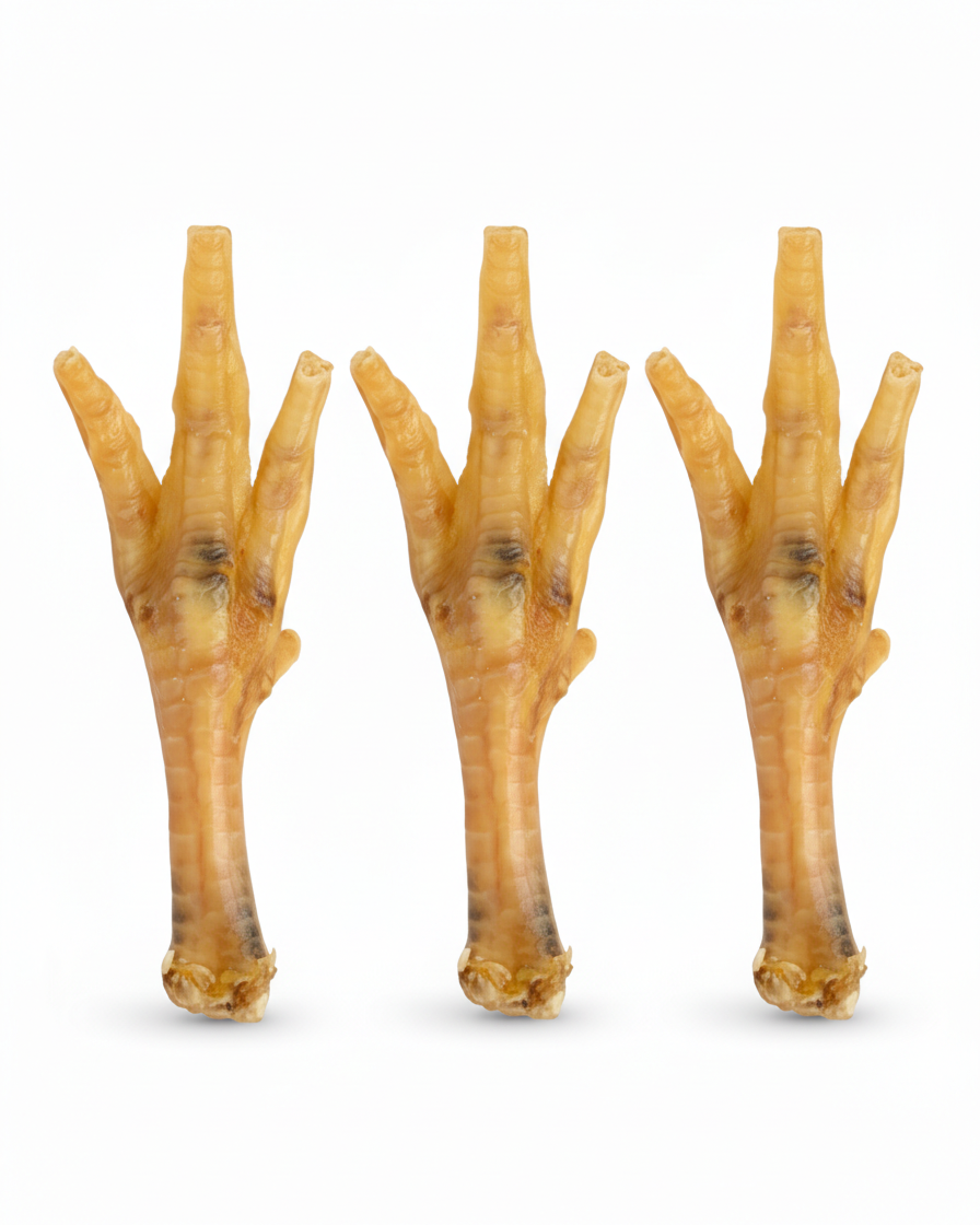 Three chicken feet on a white background