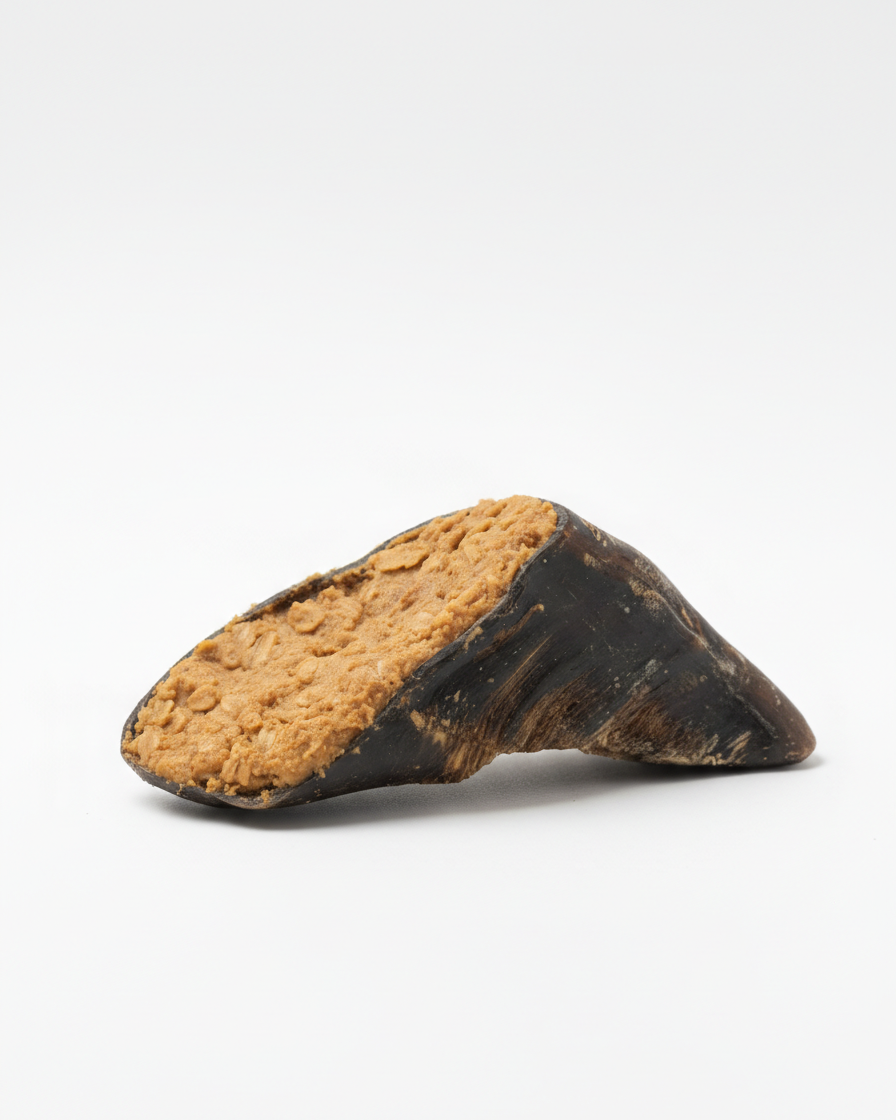 Peanut butter and oat stuffed cow hoof on a white background