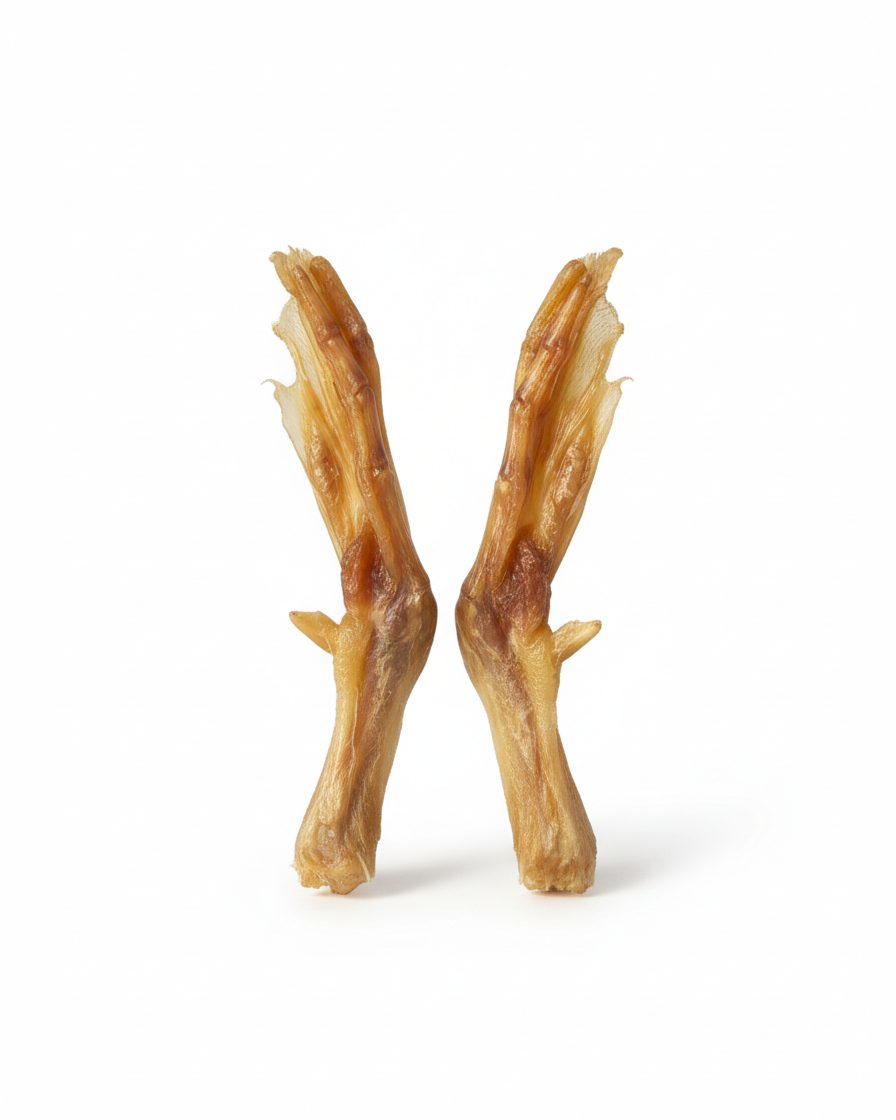 Two duck feet dog treats n a white background